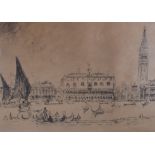 VENETIAN SCHOOL (19th/20th century) FRAMED PEN & INK DRAWING, signed in pencil, figures in boats. 1