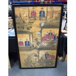 A LARGE CHINESE QING DYNASTY LANDSCAPE WATERCOLOUR PAINTING depicting timeline portraits in a landsc