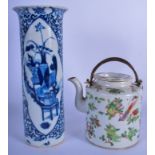 A 19TH CENTURY CHINESE BLUE AND WHITE VASE together with a Canton famille rose teapot. 27 cm & 14 cm