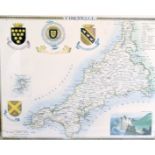 A FRAMED PINE MAP OF CORNWALL. 39.5 cm x 49 cm.