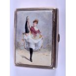 A VICTORIAN SILVER AND ENAMEL CIGARETTE CASE painted with a female dancing revealing her undergarmen