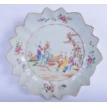 A VERY RARE 18TH CENTURY CHINESE FAMILLE ROSE PETAL FORM DISH Qianlong, painted with figures and lan