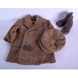 AN EDWARDIAN CHILDS TWEED JACKET with shoes, hat and purse. (qty)