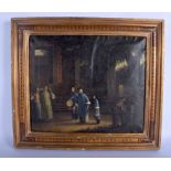 A 19TH CENTURY CHINESE FRAMED OIL ON CANVAS painted with figures within a court yard. Image 44 cm x