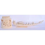 A 19TH CENTURY ANGLO INDIAN CARVED IVORY BOAT together with a similar vase & cover. Boat 28 cm long,