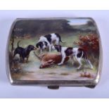 AN ART DECO WHITE METAL AND ENAMEL CIGARETTE CASE painted with three hounds beside a fallen stag. 11