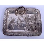 A 19TH CENTURY JAPANESE MEIJI PERIOD SPELTER DISH decorated with figures and foliage. 37 cm x 30 cm.