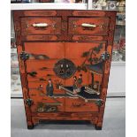 AN EARLY 20TH CENTURY CHINESE LACQUER CABINET formed with jade belt hook handles. 92 cm x 61 cm