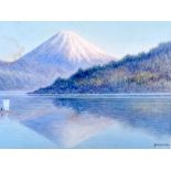 Y MATSUMOTO (Japanese) FRAMED WATERCOLOUR, signed, a figure in a boat by Mount Fuji. 28.5 cm x 39 cm