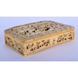 AN 18TH/19TH CENTURY CHINESE CARVED IVORY SNUFF BOX of rectangular form, carved with figures and lan