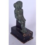 AN EGYPTIAN BRONZE SHABTI, formed seated upon a wooden plinth. 12 cm high.