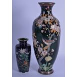 A LARGE EARLY 20TH CENTURY JAPANESE MEIJI PERIOD CLOISONNE ENAMEL VASE together with a smaller vase.