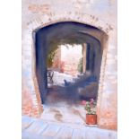 PETER PINNOCK (Scottish) FRAMED PASTEL, monogrammed, flowers in an archway. 35 cm x 25.5 cm.