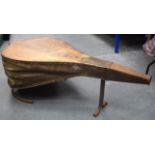 AN UNUSUAL LARGE 19TH CENTURY FRENCH FORGE BELLOWS OAK COFFEE TABLE, formed of leather with an iron