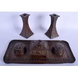 AN ARTS AND CRAFTS COPPER SEMI PRECIOUS GEM SET DRESSING TABLE SET of steampunk design. Tray 35 cm w