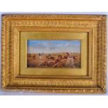 A PAIR OF ANTIQUE OIL ON BOARDS Hunting Scenes. Image 20 cm x 11 cm.