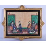 A CHINESE QING DYNASTY FRAMED PITH PAINTING, depicting the emperor in an interior. 26 cm x 36 cm.