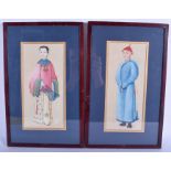 A FRAMED PAIR OF EARLY 20TH CENTURY CHINESE WATERCOLOUR, portrait of a standing male and female. 28