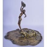 A LARGE ART NOUVEAU AUSTRIAN BRONZE FIGURE OF A NUDE FEMALE modelled holding aloft a shell. 23 cm x