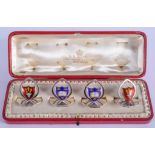 A FINE SET OF ANTIQUE SILVER AND ENAMEL MENU HOLDERS. Birmingham 1906. 3.5 cm x 3 cm.