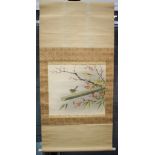 A JAPANESE WATERCOLOUR SCROLL PAINTING, depicting a bird amongst foliage. 44 cm x 51 cm.