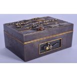 A FINE 19TH CENTURY JAPANESE MEIJI PERIOD BRONZE ONLAID BOX decorated with gold and silver catfish.