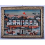 CHINESE SCHOOL (early 20th century) FRAMED REVERSE PAINTED MIRROR, boats in a river landscape. 23.5
