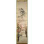 JIANG TANG (Chinese) WATERCOLOUR SCROLL PAINTING, bridge in a landscape. 117 cm x 27 cm.