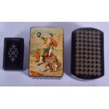 THREE ANTIQUE PAPIER MACHE SNUFF BOXES. Largest 5 cm x 3.5 cm. (3)