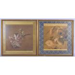 CHINESE SCHOOL (20th century) FRAMED PAIR PRINT ON SILK, flowers in a basket, together with birds i