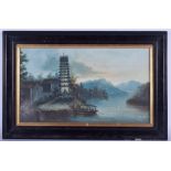 CHINESE SCHOOL (early 20th century) FRAMED OIL ON CARD, a pagoda in a mountainous landscape. 27 cm