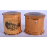 AN ANTIQUE MAUCHLINE WARE STRING BOX together with another box & cover. Largest 7 cm x 5.5 cm. (2)