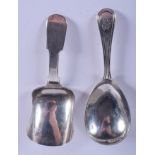 A VICTORIAN SILVER CADDY SPOON by George Unite, together with another. (2)