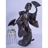 A LARGE 19TH CENTURY JAPANESE MEIJI PERIOD BRONZE OKIMONO modelled as a geisha holding a fan. 31 cm