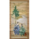 A JAPANESE WATERCOLOUR SCROLL PAINTING, depicting two males in a landscape. 78 cm x 31 cm.