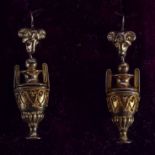 A RARE PAIR OF ANTIQUE 15CT GOLD EARRINGS in the form urns. 3.2 grams. 3.25 cm long.