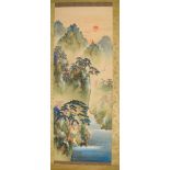 A CHINESE WATERCOLOUR SCROLL PAINTING, mountainous landscape scenery. 111 cm x 41 cm.