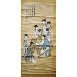 A CHINESE WATERCOLOUR SCROLL PAINTING, seal mark Wang Qi (1884-1937), Ming poems and eight musician