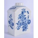 18th c. Lowestoft tea canister printed with bouquets of flowers in blue under glaze. 9.5cm high