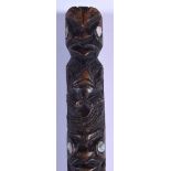 A POLYNESIAN MAORI SOUTHSEA ISLANDS MOTHER OF PEARL PADDLE SPEAR decorated with figures. 62 cm long
