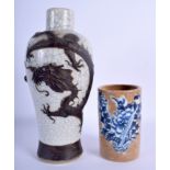 A 19TH CENTURY CHINESE CRACKLE GLAZED DRAGON VASE together with a similar brush pot. 25 cm & 12 cm