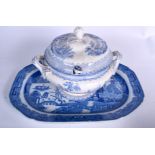 AN ANTIQUE ENGLISH BLUE AND WHITE POTTERY PLATTER, together with a tureen and spoon. Platter 49 cm