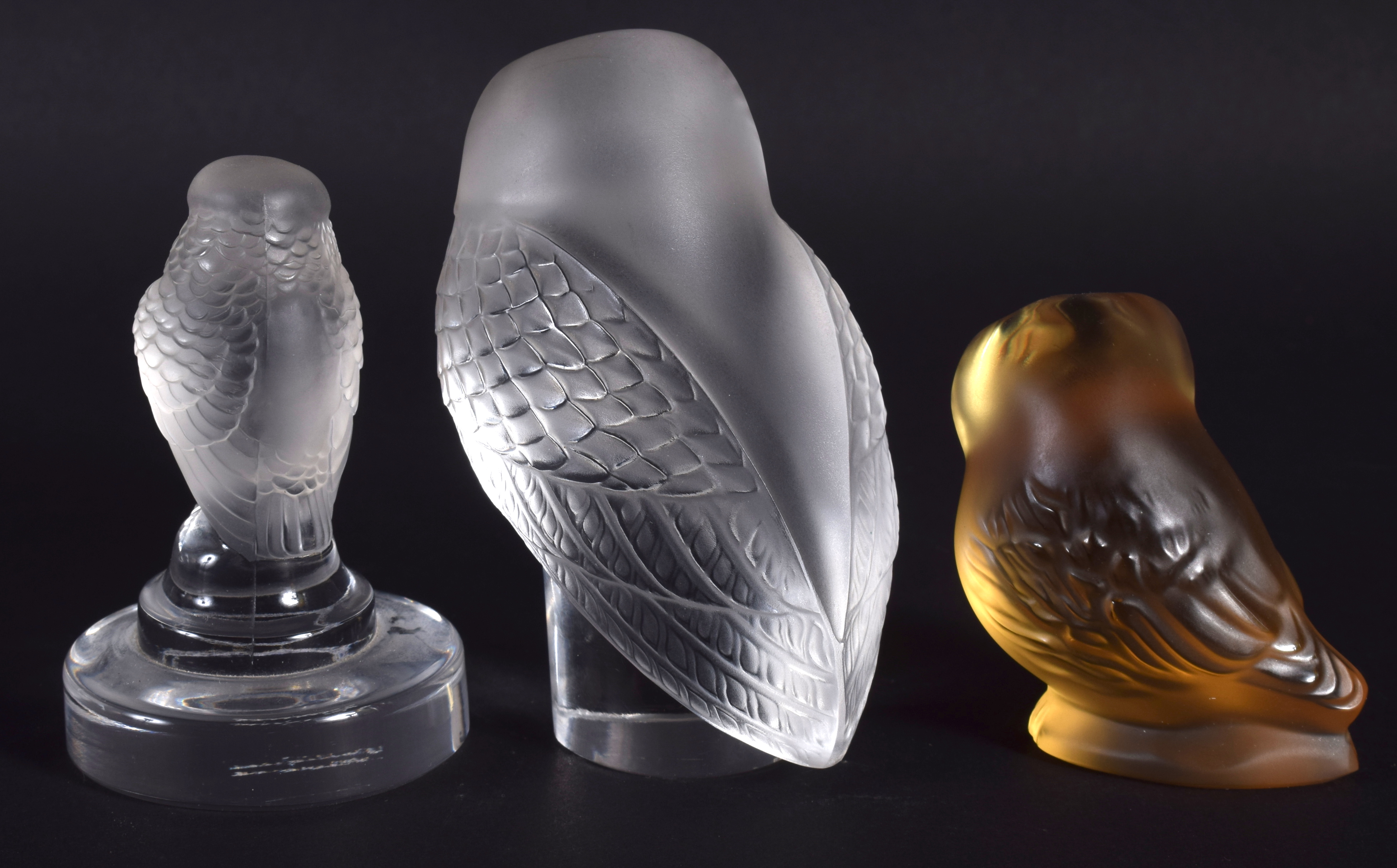 THREE FRENCH LALIQUE GLASS OWLS. Largest 9.25 cm high. (3) - Image 2 of 2