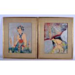 A PAIR OF 1970S THAI YAWAMALA PAINTINGS depicting females, Raja Gallery. Image 22 cm x 30 cm.