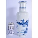A 19TH CENTURY CHINESE BLUE AND WHITE PORCELAIN ROULEAU VASE Kangxi style, painted with fisherman i
