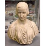 A LARGE 19TH CENTURY EUROPEAN CARVED MARBLE BUST OF A FEMALE modelled wearing a cross pendant, in f