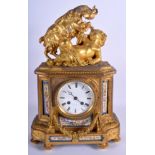 A LARGE MID 19TH CENTURY FRENCH ORMOLU AND SEVRES PORCELAIN MANTEL CLOCK modelled as a cherub under