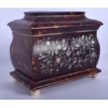 A FINE REGENCY CARVED TORTOISESHELL MOTHER OF PEARL INLAID TEA CADDY decorated with foliage and vin