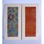 TWO LATE MING KESI SILKWORK EMBROIDERED PRAYER BOOK PANELS decorated with foliage. Silk 13 cm x 33