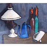 GEORGE POTTER RHA (1941-2017) FRAMED OIL, study of bottles and a lamp on a table top, signed & date